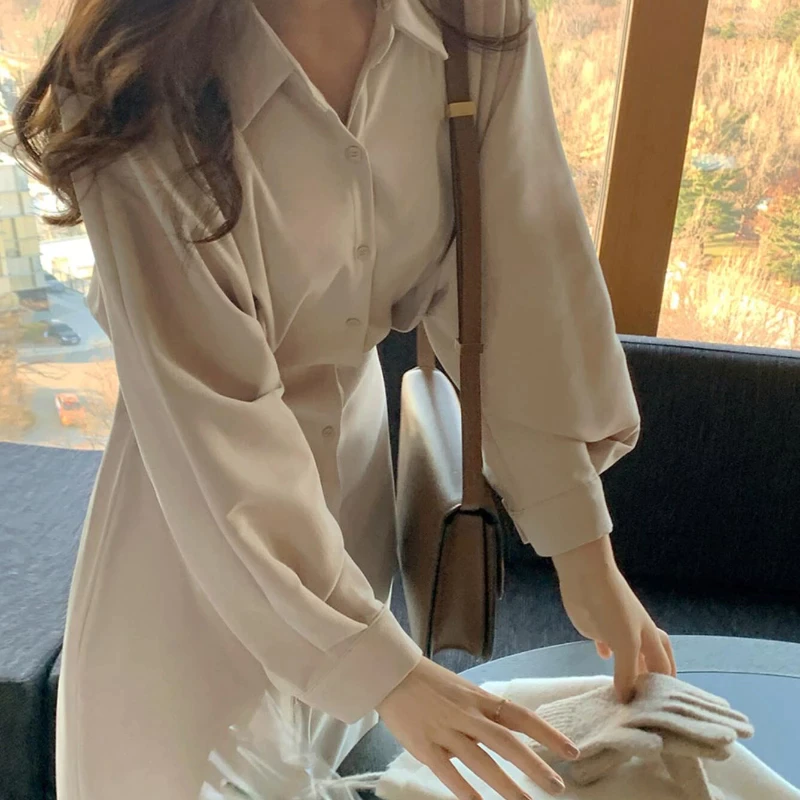 Office Ladies Elegant Shirt Dress Korean Fashion Long Sleeve Button Slim Fit Casual Maxi Dress Women Autumn Chic Vestidos Rob
